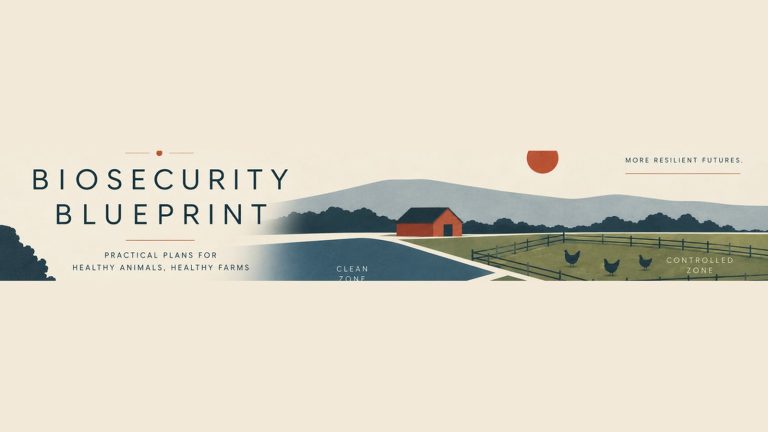 The Biosecurity Blueprint brand illustration: a farm with clean and controlled zones marked out.